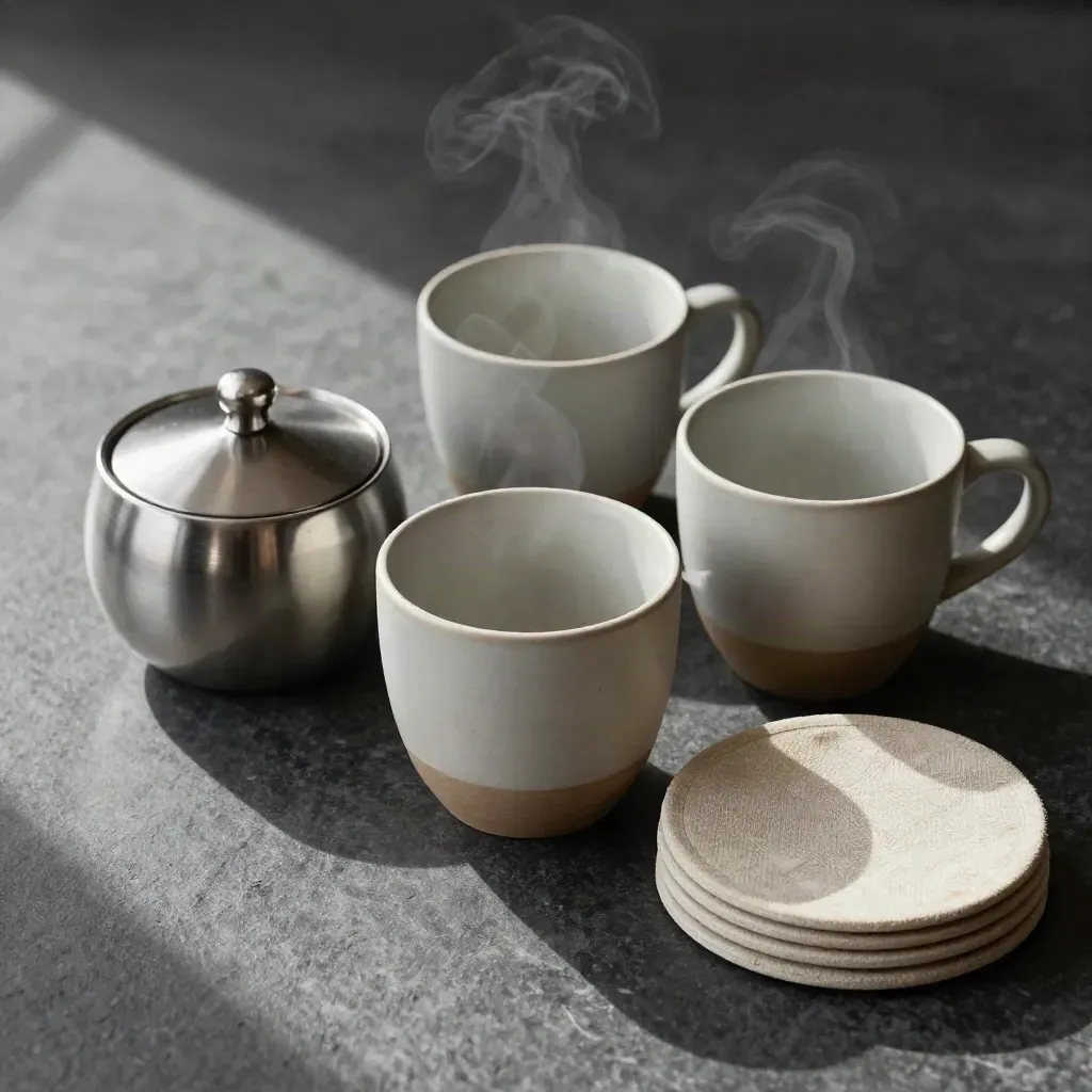 Drie koffiekopjes, een stalen suikerpotje en linnen onderzetters op donker steen.