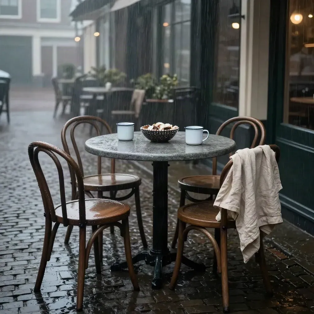 Regenachtig caféterras met stenen tafel, vier stoelen en mokken in zachte mist.