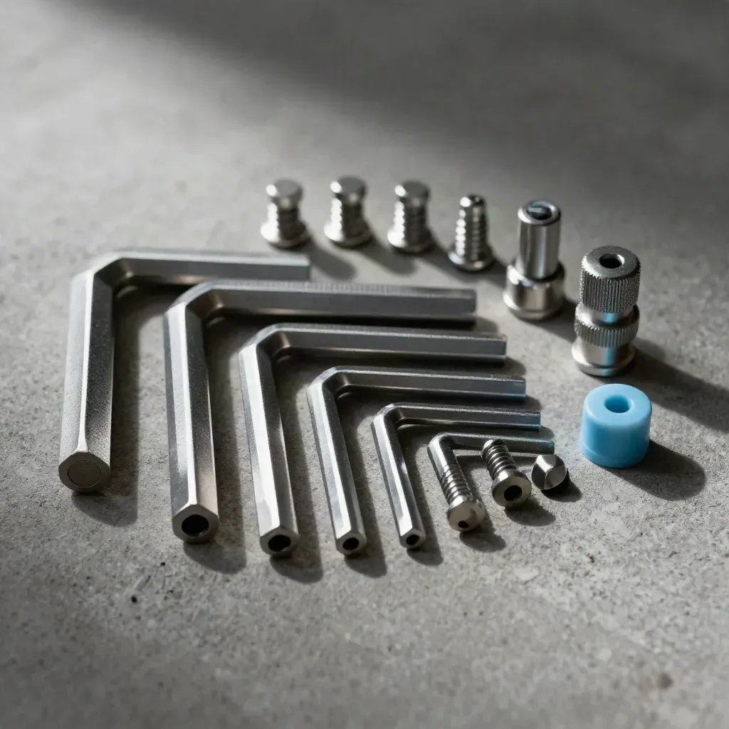 Hexsleutels, schroeven en blauwe connectoren op grafietbeton in strakke vlakke leg.