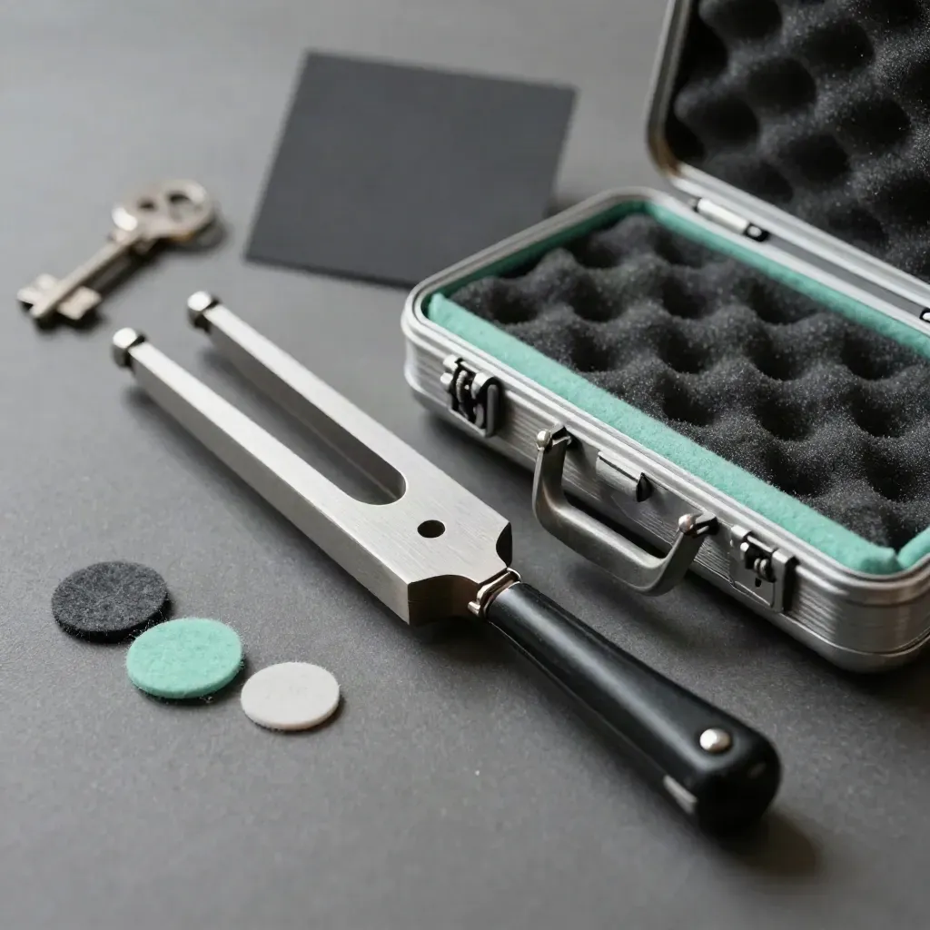 Open etui met stemvork, capo en viltpicks op geborsteld metaal