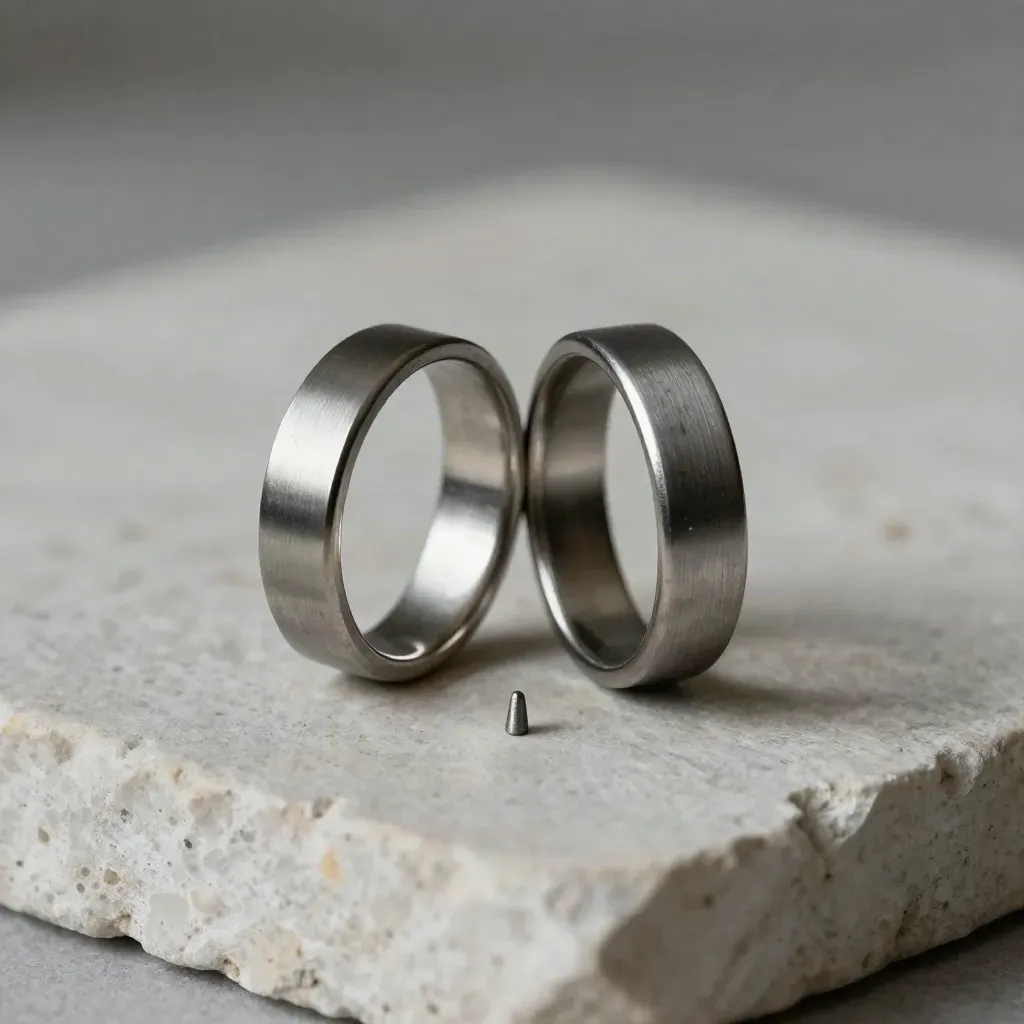 Twee metalen ringen en een spacerpin op lichte steen, in close-up met zacht licht.