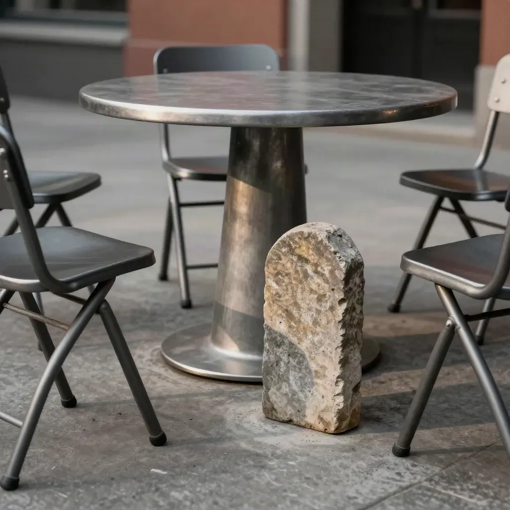 Drie stoelpoten, tafelvoet en stenen markering op beton in koele mist, dramatisch belicht.