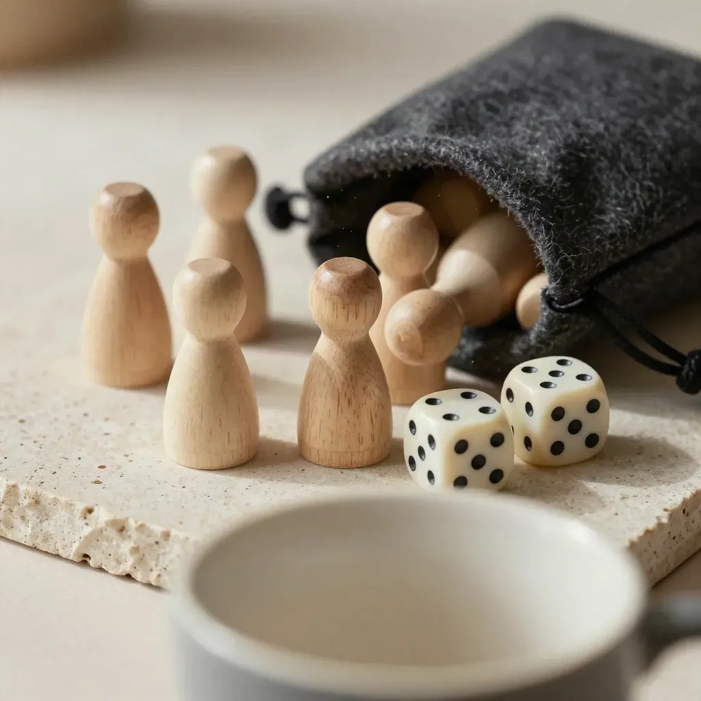 Hobbyspel-spullen met houten pionnen, dobbelstenen en een vilten zakje op steen.