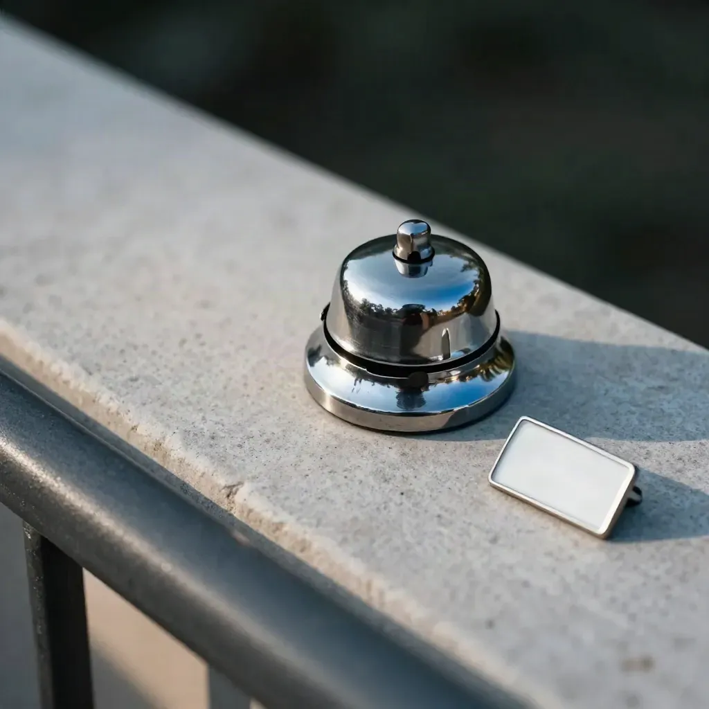 Bicycle bell, magneetmarker en enamel pin op pale stone in koel avondlicht.