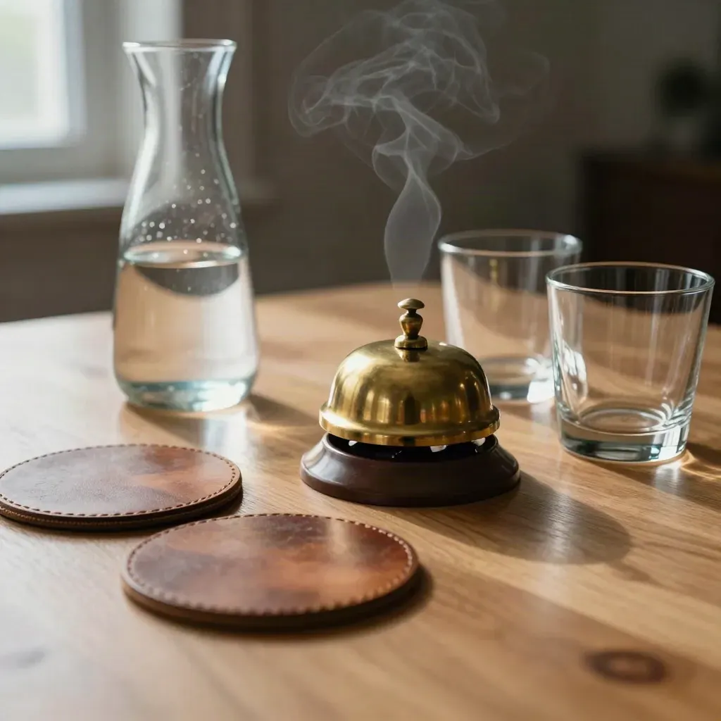 Tafel met karaf, bel, glazen en onderzetters op warm hout, gezien door bladeren