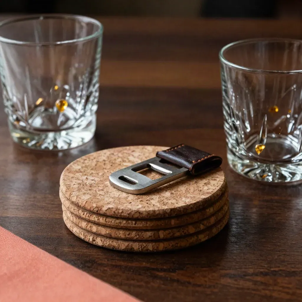 Stapel onderzetters, flesopener en twee dikke glazen op donker hout in warme borrelsfeer.