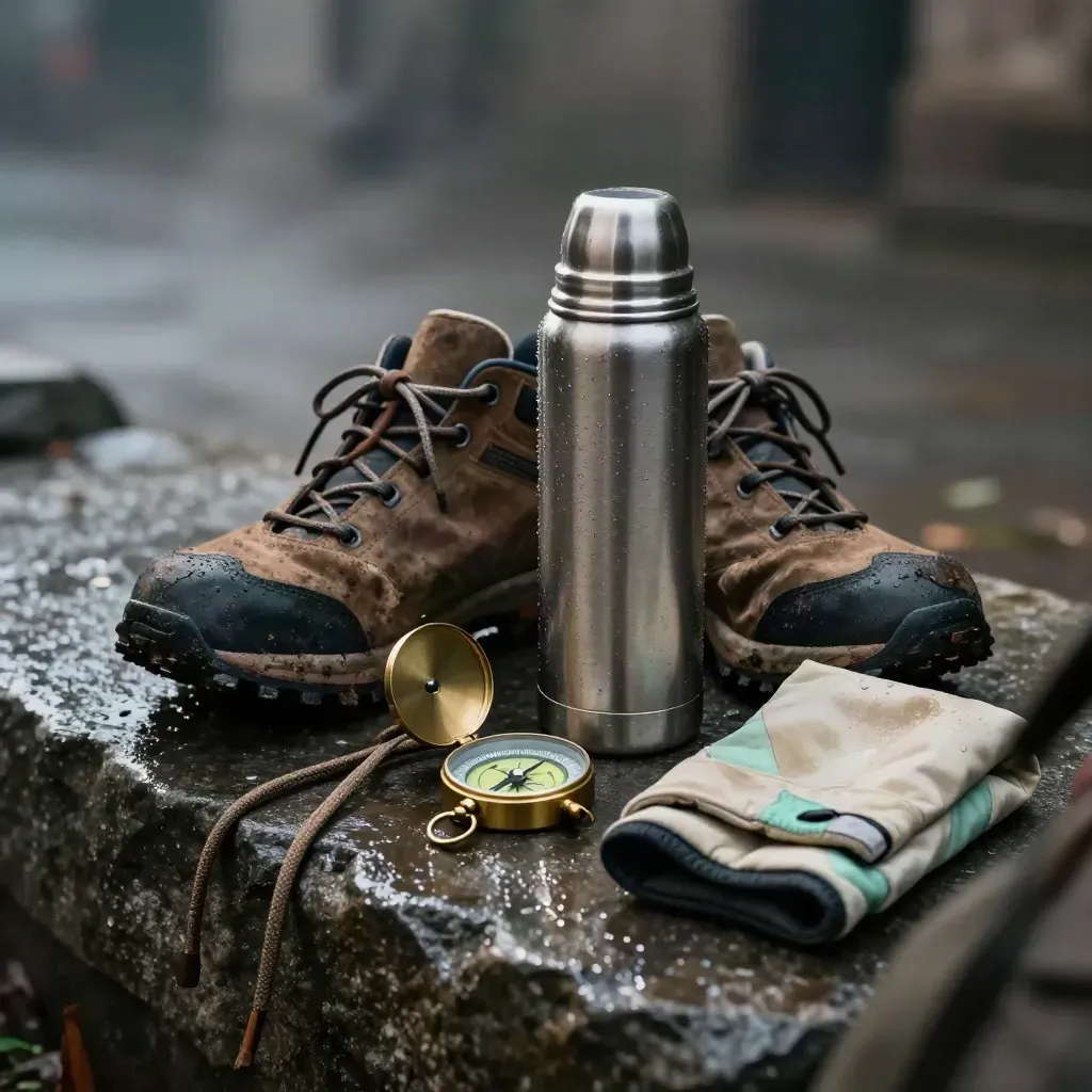 Wandelspullen met schoenen, thermos en kompas op natte steen in mistig licht.