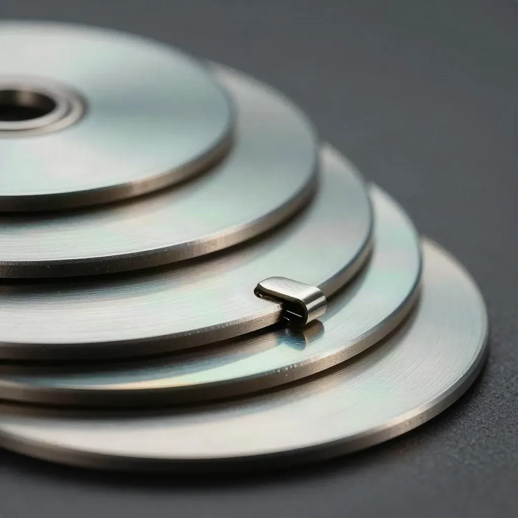 Macrofoto van metalen schijven, sluiting en ringen op geborsteld aluminium met mintglans.